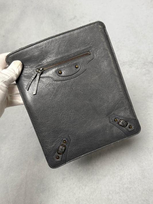 Balenciaga Leather Moto Pochette Dark Grey