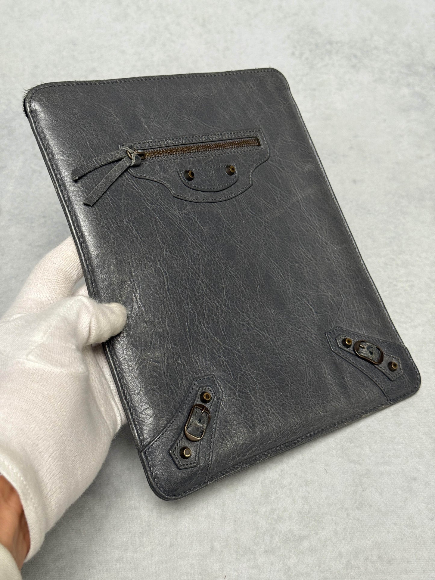 Balenciaga Leather Moto Pochette Dark Grey
