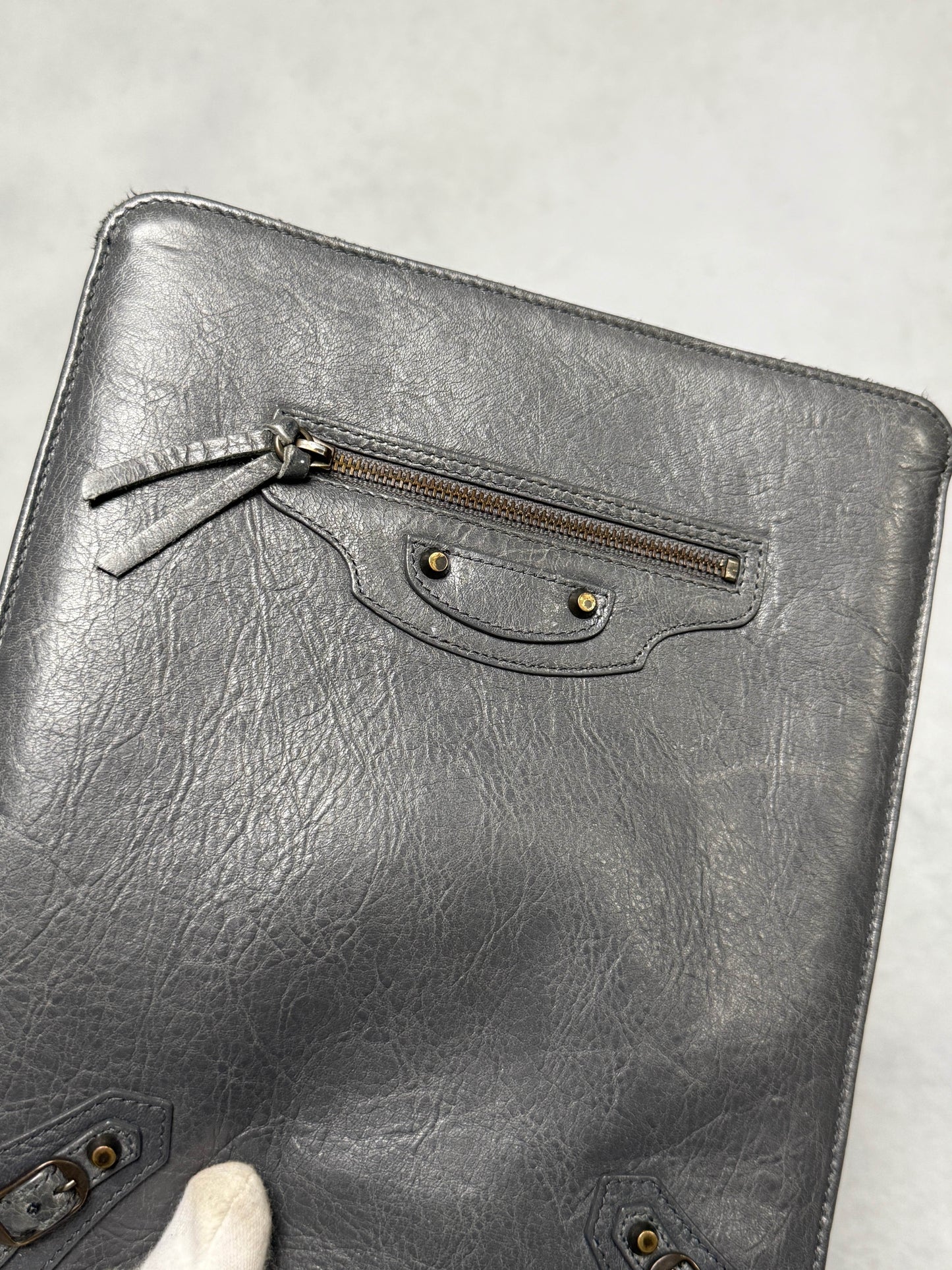 Balenciaga Leather Moto Pochette Dark Grey