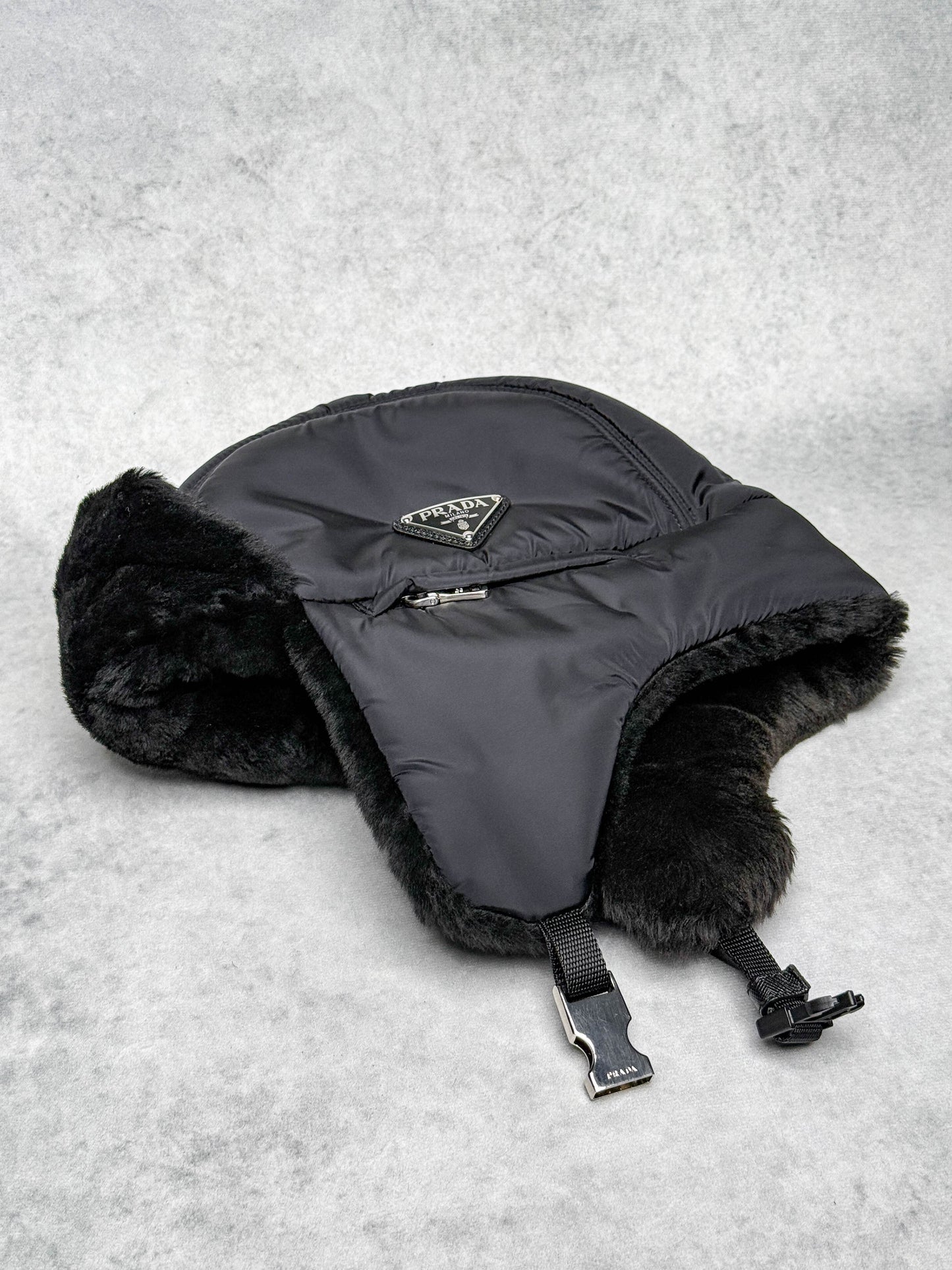 Prada Logo Shield Trapper Hat Nylon/Fur
