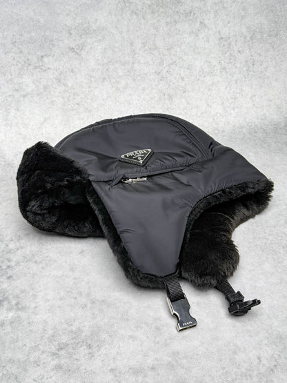 Prada Logo Shield Trapper Hat Nylon/Fur
