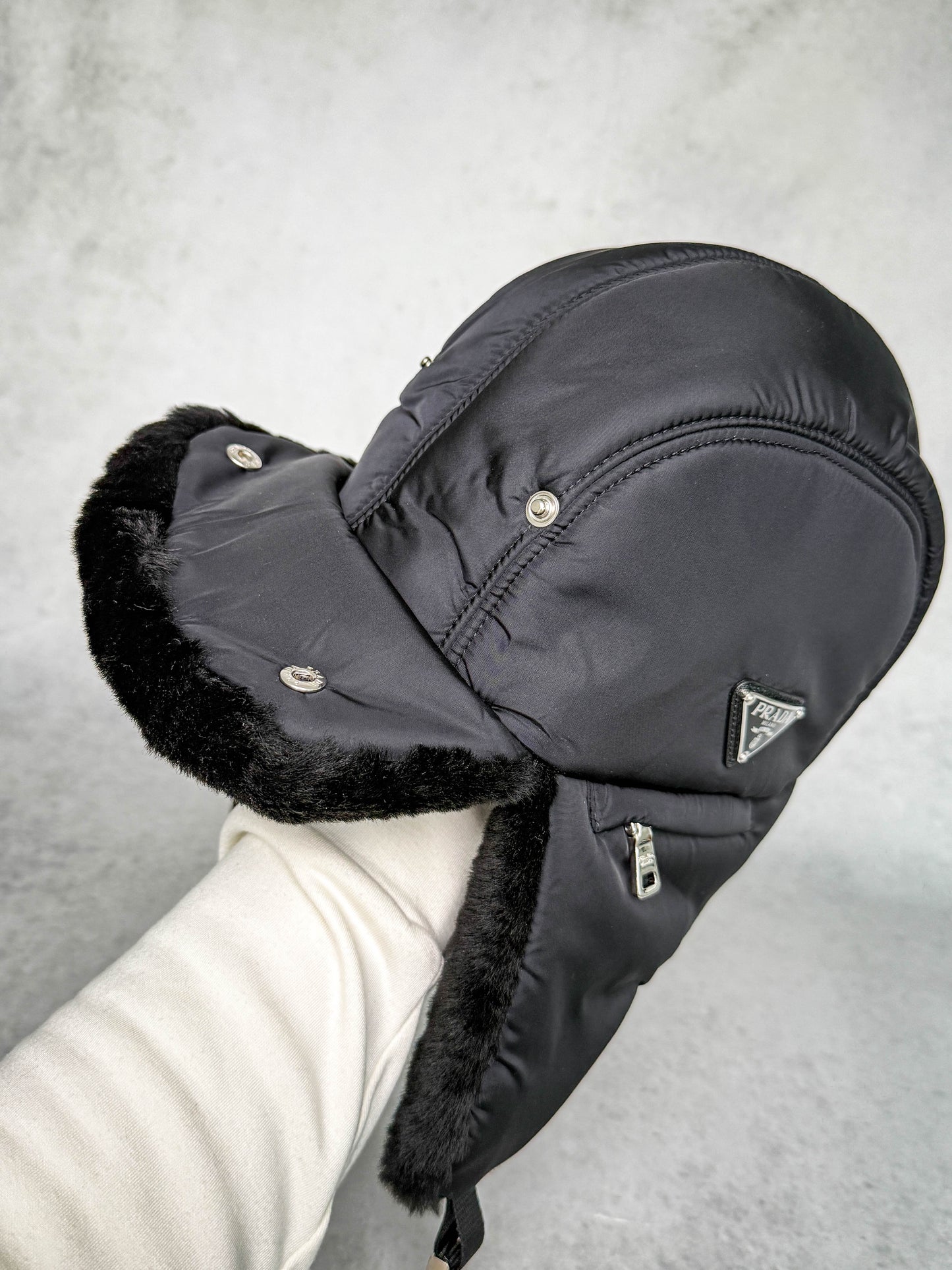 Prada Logo Shield Trapper Hat Nylon/Fur