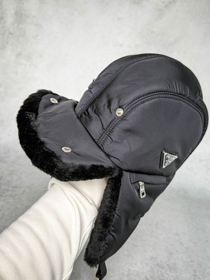 Prada Logo Shield Trapper Hat Nylon/Fur