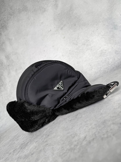 Prada Logo Shield Trapper Hat Nylon/Fur