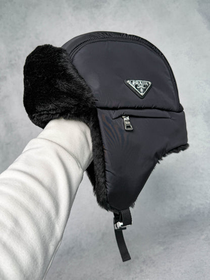 Prada Logo Shield Trapper Hat Nylon/Fur