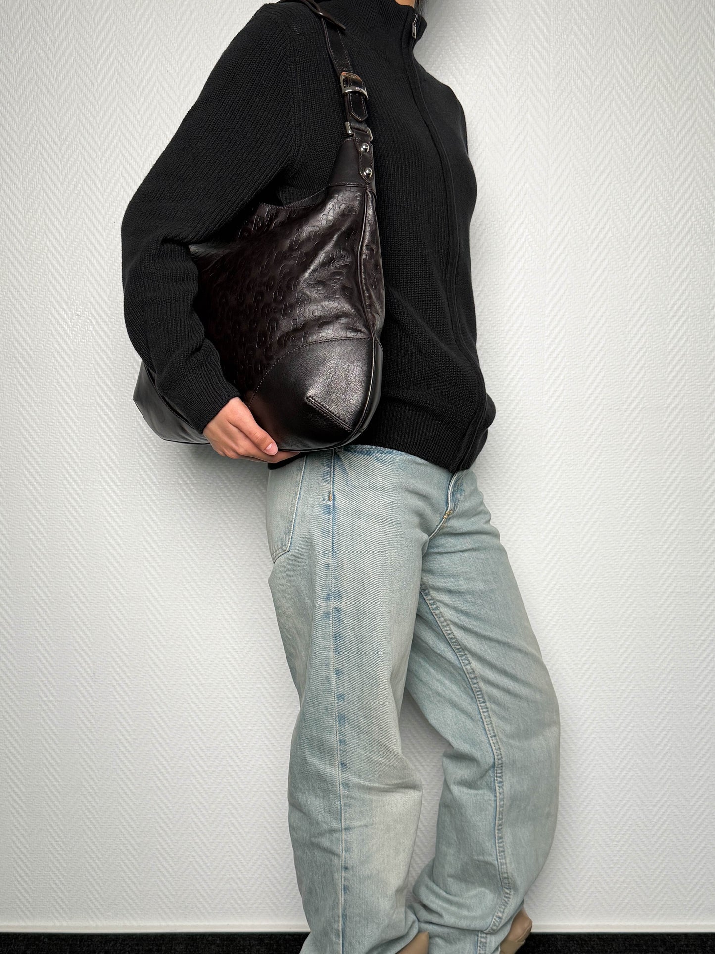 Gucci Horsebit Embossed Leather Hobo Bag Dark Brown