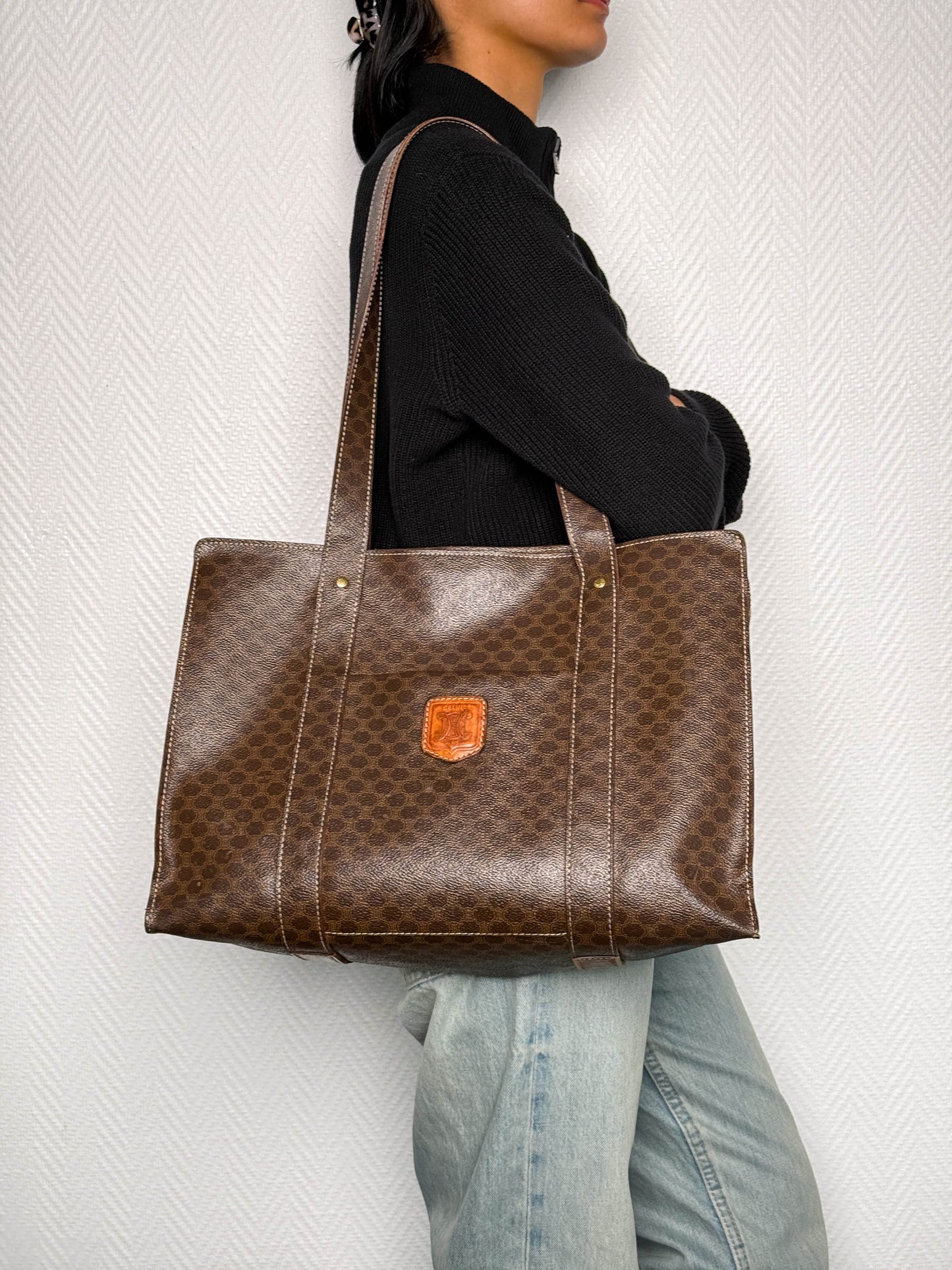 Celine Vintage Brown Macadam Tote Bag Canva/Leather