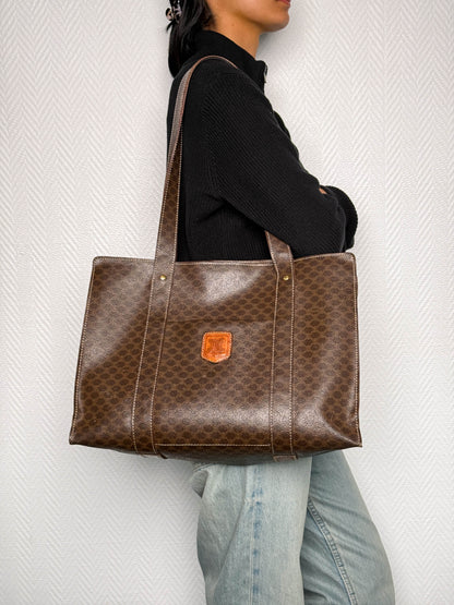 Celine Vintage Brown Macadam Tote Bag Canva/Leather