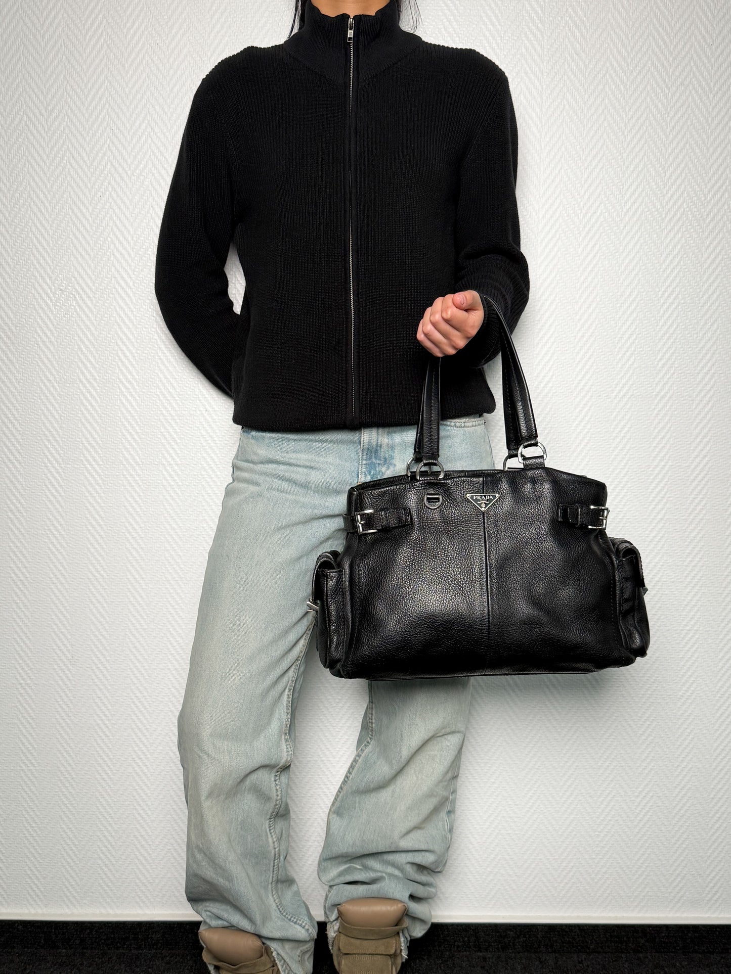 Prada Vitello Daino Black Leather Tote Bag
