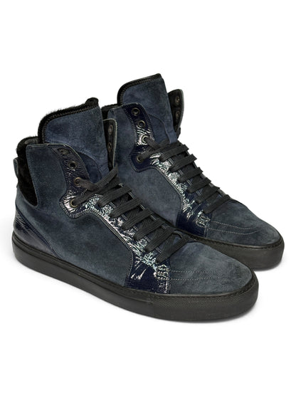 YSL FW2010 Navy Leather High-Tops Pony Hair