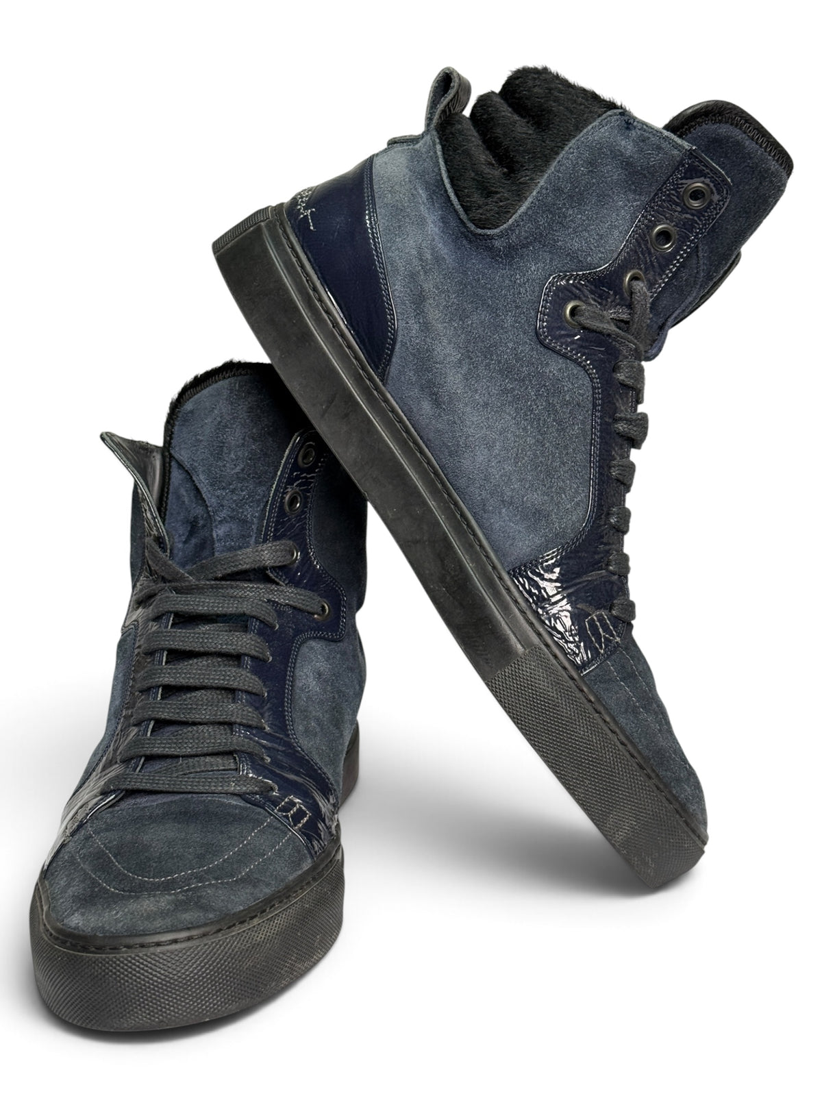 YSL FW2010 Navy Leather High-Tops Pony Hair