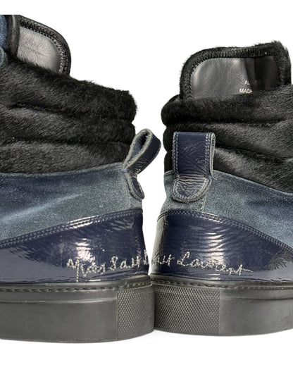 YSL FW2010 Navy Leather High-Tops Pony Hair