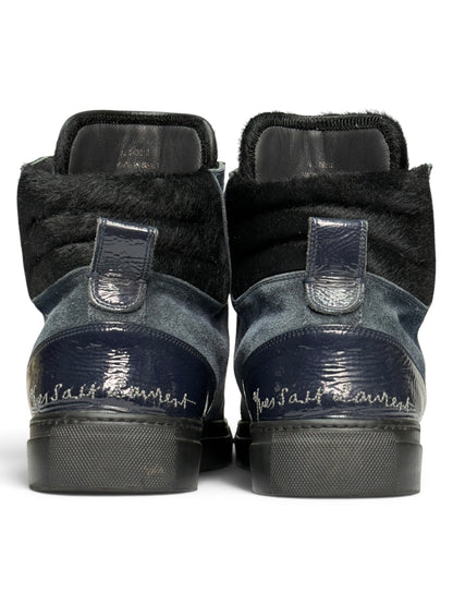 YSL FW2010 Navy Leather High-Tops Pony Hair