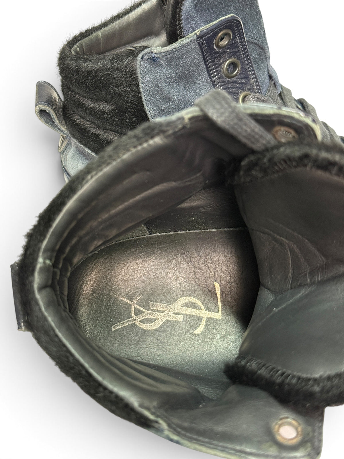 YSL FW2010 Navy Leather High-Tops Pony Hair