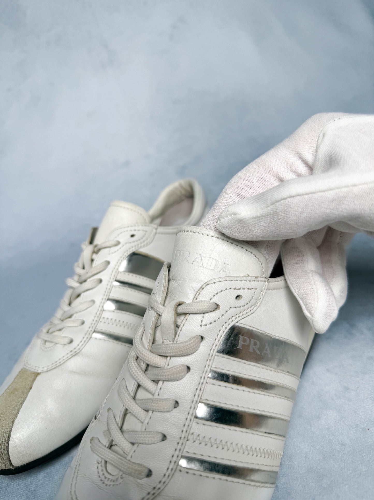 Prada Vintage Leather/Suede Sneaker White and Silver (38.5)