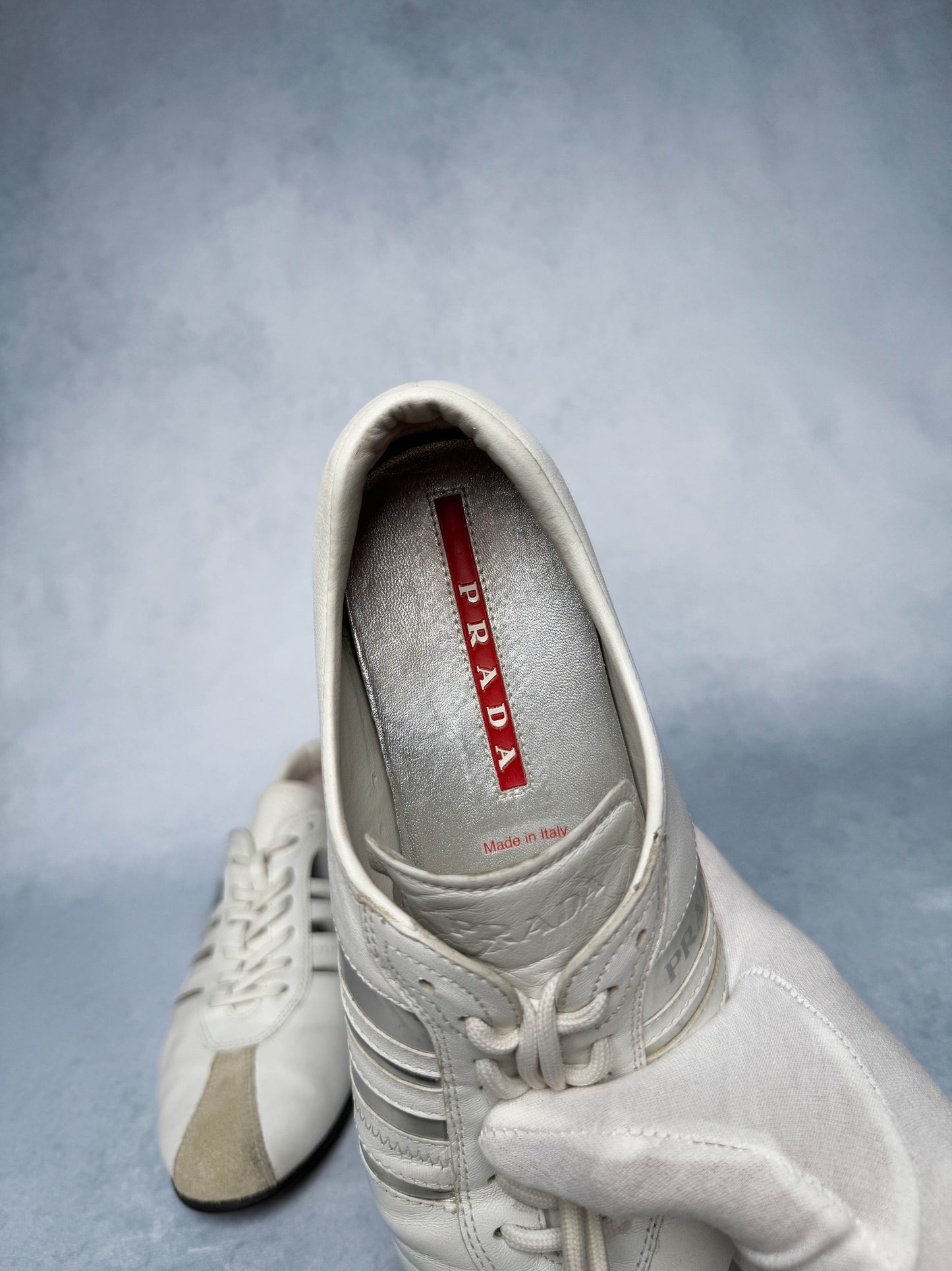 Prada Vintage Leather/Suede Sneaker White and Silver (38.5)