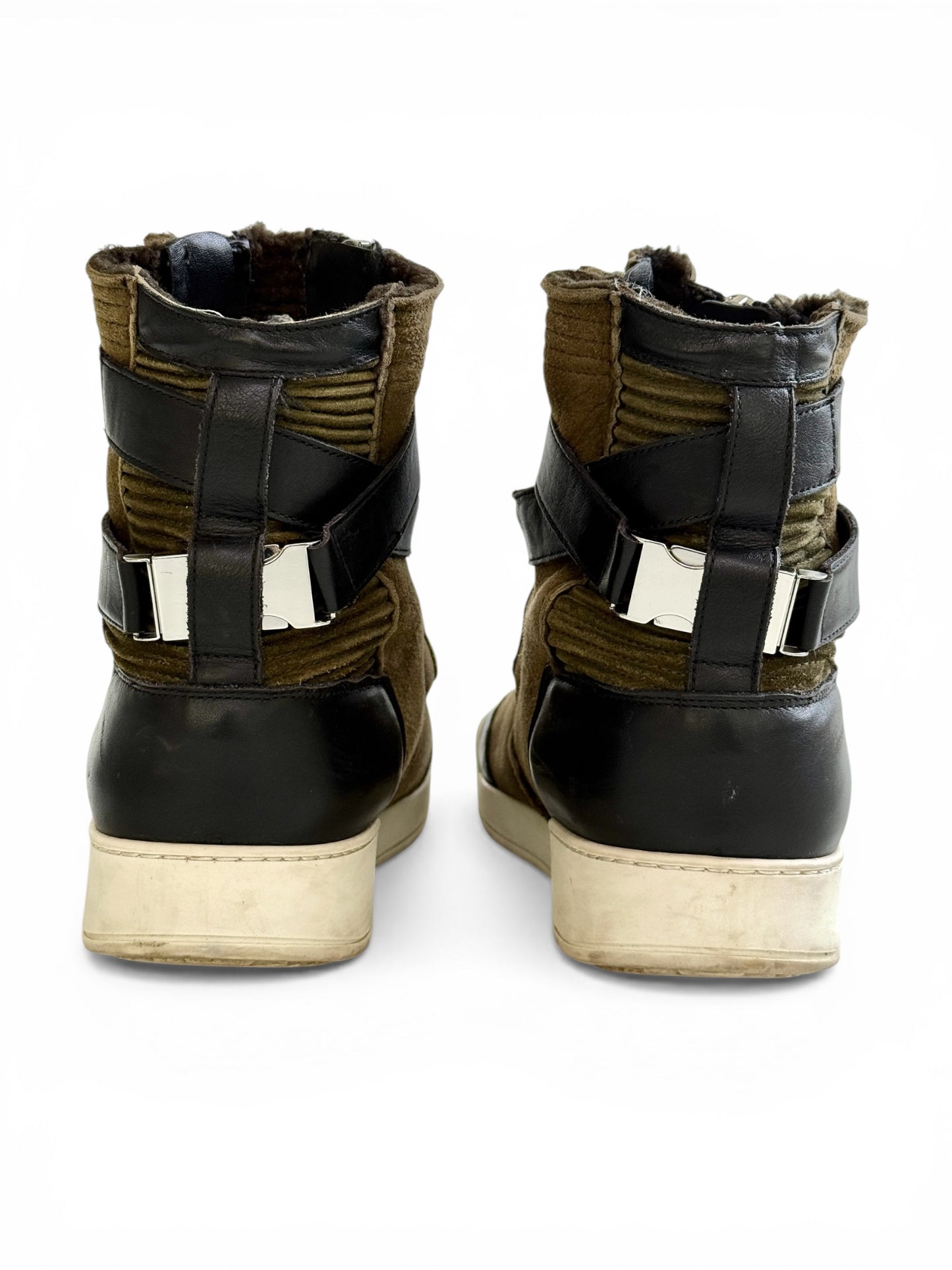 Balmain Shearling/Leather Strap High-Tops Olive (44)