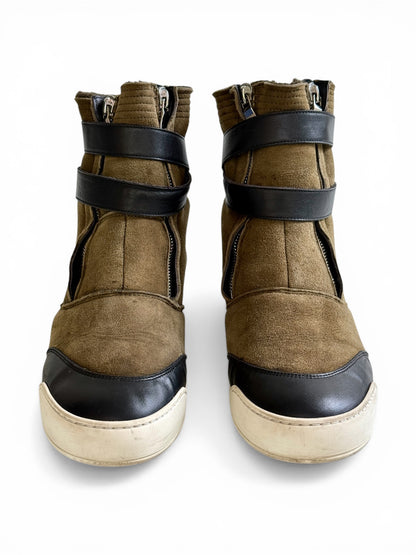 Balmain Shearling/Leather Strap High-Tops Olive (44)