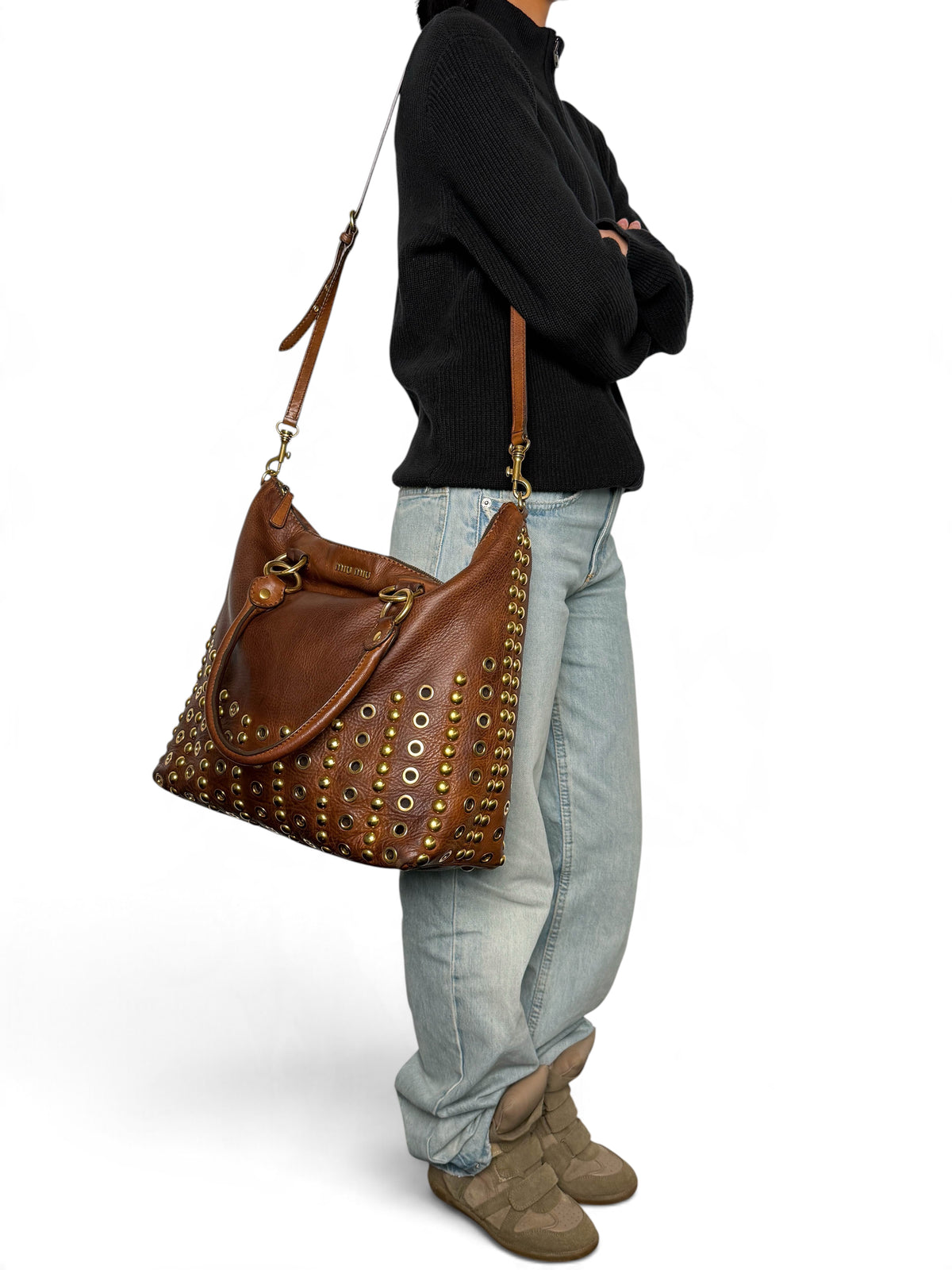 Miu Miu Gold Trimmed Shopper Bag Brown