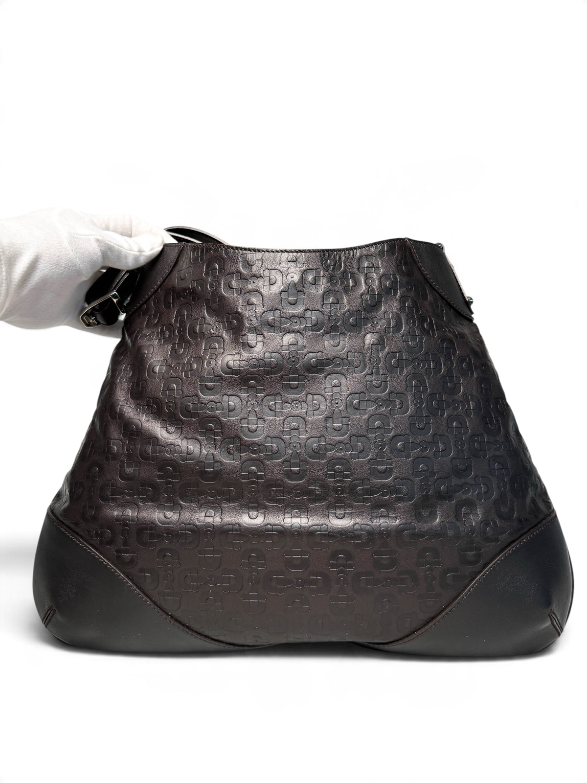 Gucci Horsebit Embossed Leather Hobo Bag Dark Brown